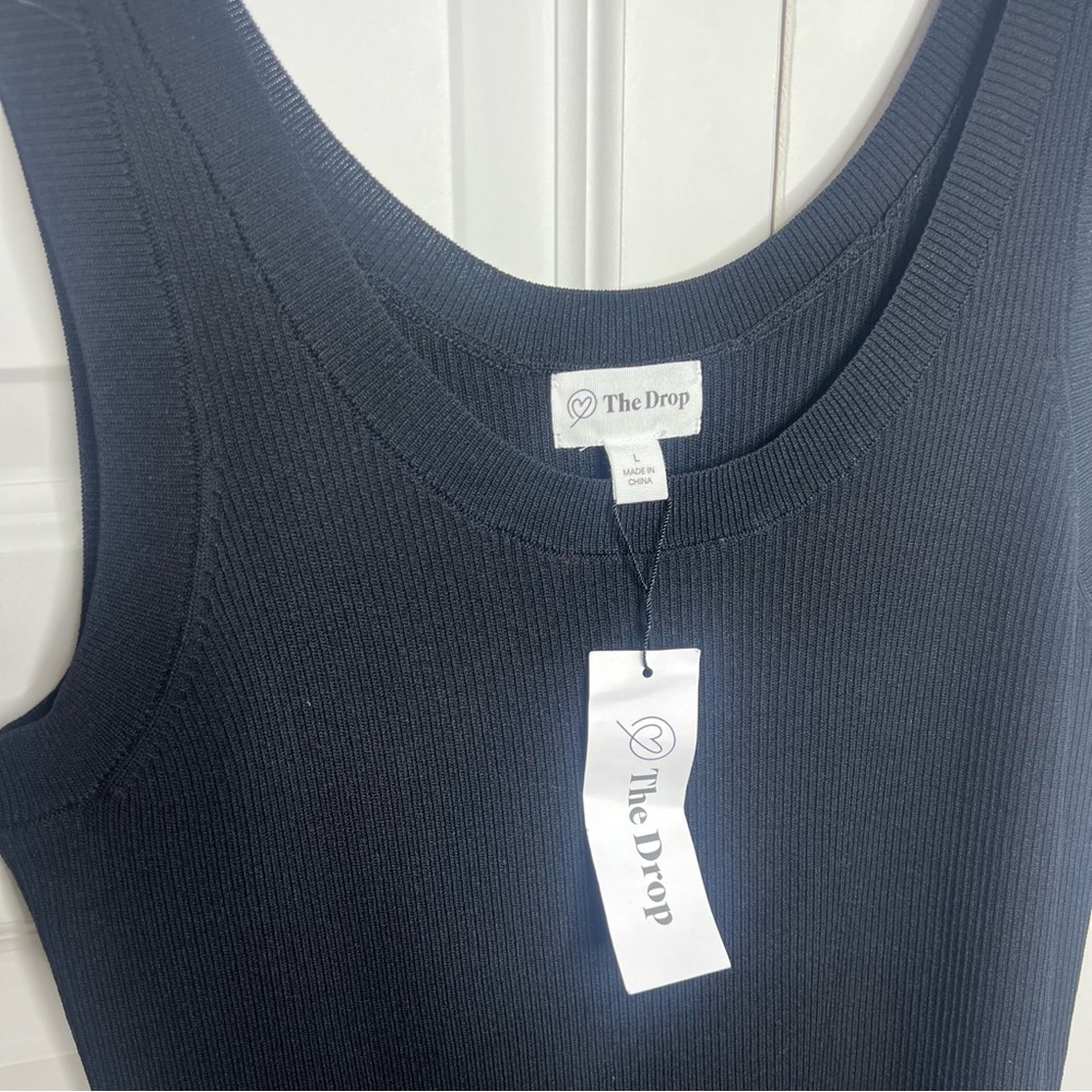 The Drop Black Ribbed Maxi Dress NWT Size L Side Slit Minimalist Bodycon - Picture 2 of 5